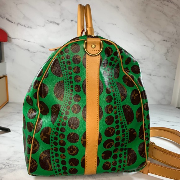 ❌❌ Louis Vuitton Kusama Keepall 55 Green bandouliere travel vintage bag LV RARE - Picture 7 of 15